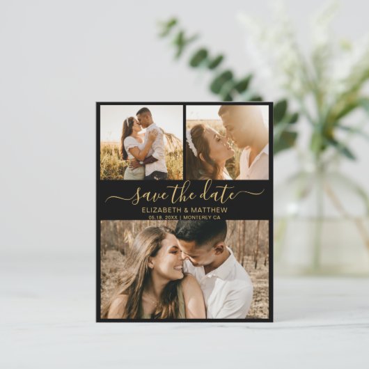 Budget Black en Gold Script Photo Save the Date (Staand voorkant)