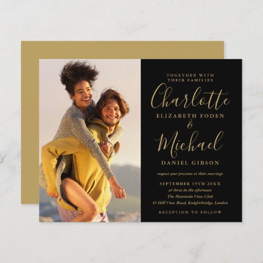 Budget Black en Gold Script Photo Weduwen Uitnodig (Voorkant / Achterkant)