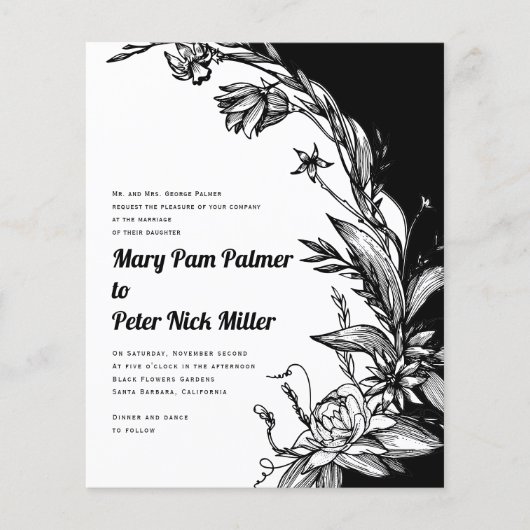 BUDGET Black en white floral bruiloft uitnodiging (Voorkant)