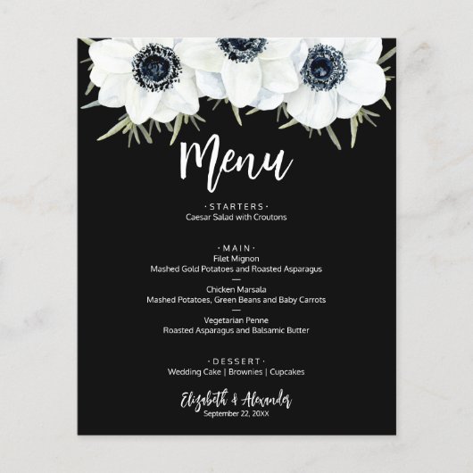 Budget Black en White Floral Wedding Menu (Voorkant)