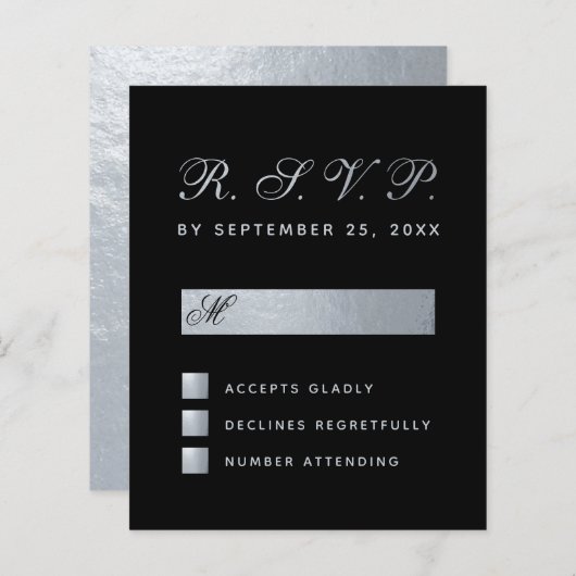 Budget Black Faux Silver Calligraphy Wedding RSVP (Voorkant / Achterkant)