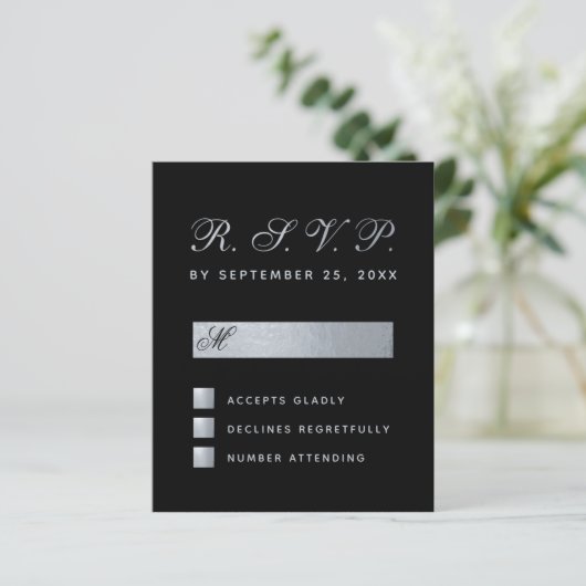 Budget Black Faux Silver Calligraphy Wedding RSVP (Staand voorkant)