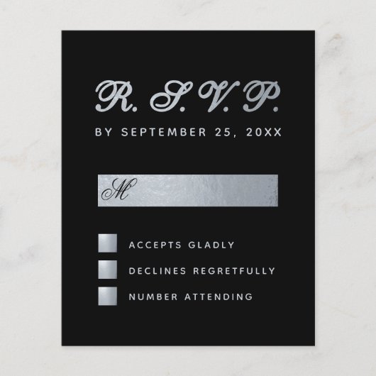 Budget Black Faux Silver Calligraphy Wedding RSVP (Voorkant)