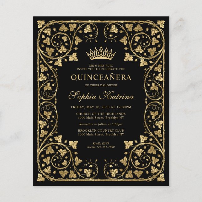 Budget  Black Floral Gold Tiara Quinceanera (Voorkant)