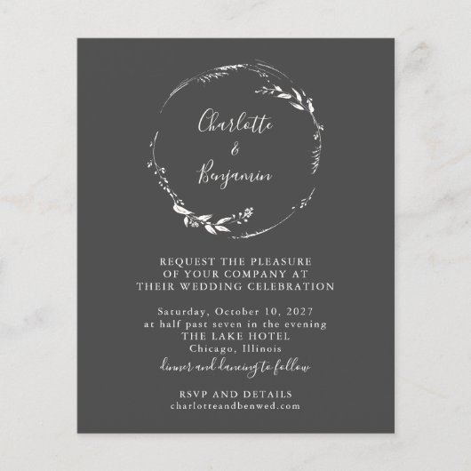 Budget Black Floral Wreath Script Wedding Invite (Voorkant)