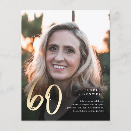 Budget Black Gold 60th Photo Birthday Invitation (Voorkant)
