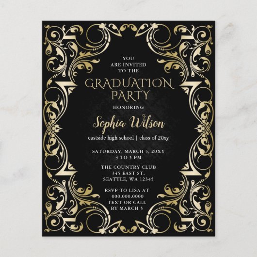 Budget Black Gold Afstuderen Uitnodiging (Voorkant)