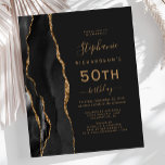 Budget Black Gold Agaat Dark 50th Birthday<br><div class="desc">De linkerrand van deze elegante 50e verjaardagsfeestuitnodiging is voorzien van een zwarte waterverf agaatrand met gouden faux glitter. De aanpasbare tekst combineert goudkleurig handschrift,  koperplaat en cursieve lettertypen op een leisteen zwarte achtergrond. De achterkant heeft een bijpassend zwart en goud agaat ontwerp.</div>