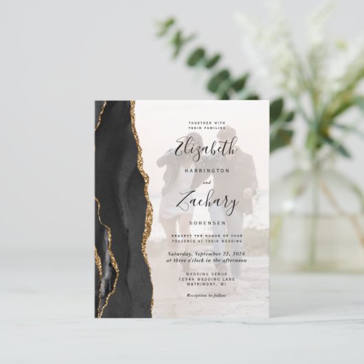 Budget Black Gold Agate 2-Photo Wedding Invitation (Staand voorkant)