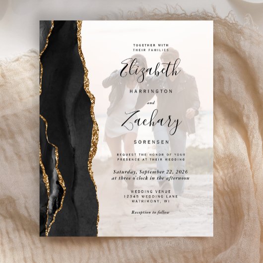 Budget Black Gold Agate 5-Photo Wedding Invitation