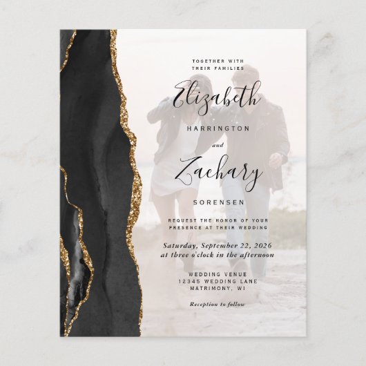 Budget Black Gold Agate 5-Photo Wedding Invitation (Voorkant)