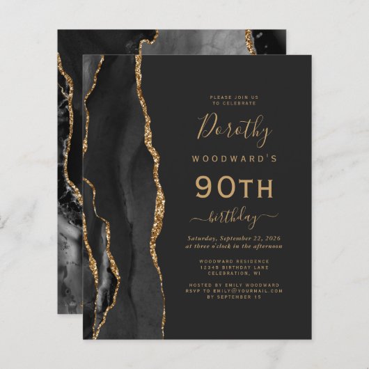 Budget Black Gold Agate Dark 90th Birthday Invite (Voorkant / Achterkant)