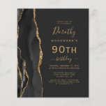 Budget Black Gold Agate Dark 90th Birthday Invite<br><div class="desc">De linkerrand van deze elegante, moderne verjaardagsfeestelijke uitnodiging is voorzien van een zwarte waterverf aan de rand van de afgrond, die met faux goudglitter is bedekt. De aanpasbare tekst combineert goudkleurige handschrift-, copperplate- en cursieve lettertypen op een zwarte leisteenachtergrond. De achterzijde is voorzien van een bijpassend zwart en goudvormig ontwerp....</div>