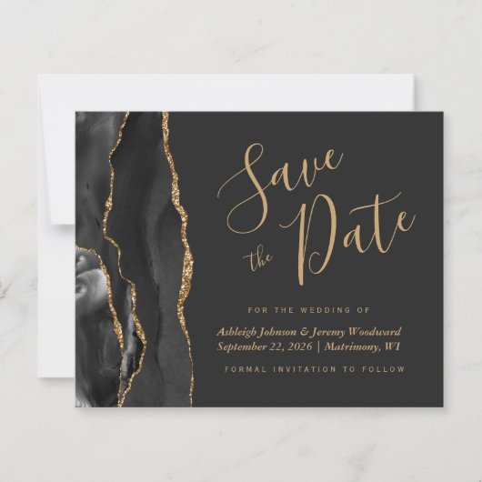 Budget Black Gold Agate Dark Wedding Save the Date (Voorkant)