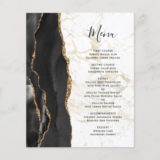 Budget Black Gold Agate Marble Wedding Menu (Voorkant)