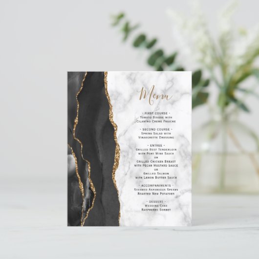 Budget Black Gold Agate Marble Wedding Menu (Staand voorkant)