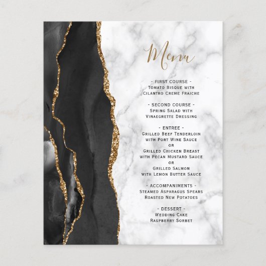 Budget Black Gold Agate Marble Wedding Menu (Voorkant)