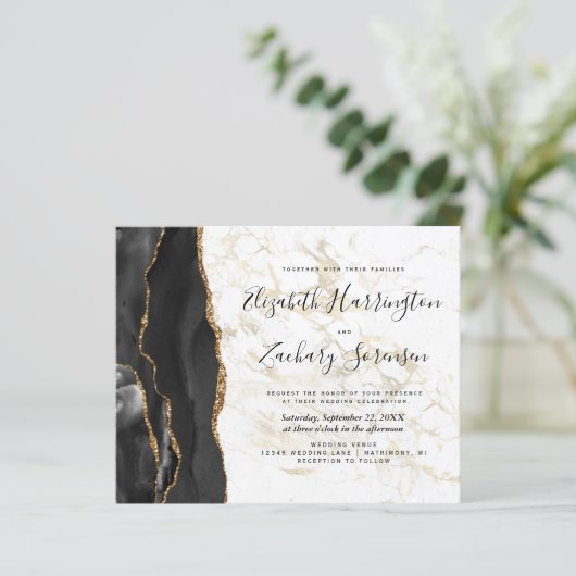 Budget Black Gold Agate Marble Wedding Uitnodiging (Staand voorkant)