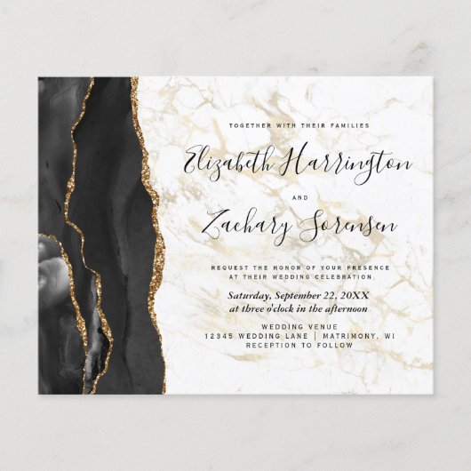 Budget Black Gold Agate Marble Wedding Uitnodiging (Voorkant)