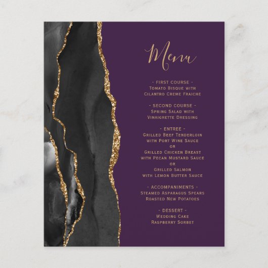 Budget Black Gold Agate Paarse bruiloft menu (Voorkant)