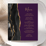 Budget Black Gold Agate Paarse bruiloft menu<br><div class="desc">De linkerrand van dit stijlvolle moderne huwelijksmenu heeft een zwarte waterverf agaatrand met faux gold glitter. De aanpasbare tekst combineert goudkleurig handschrift en koperplaat lettertypen op een paarse achtergrond. De achterkant heeft een bijpassend zwart en goud agaat ontwerp.</div>