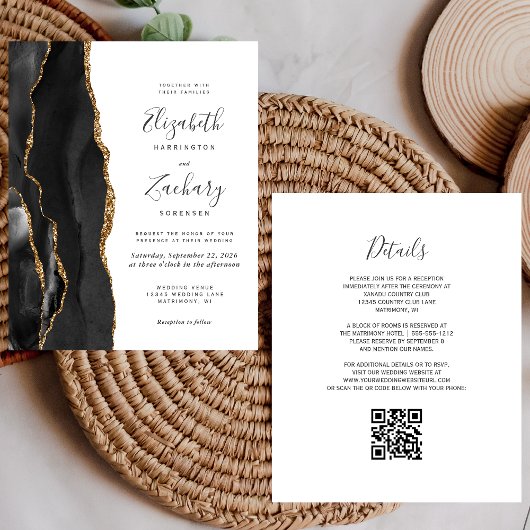 Budget Black Gold Agate QR Code Trouw Uitnodiging