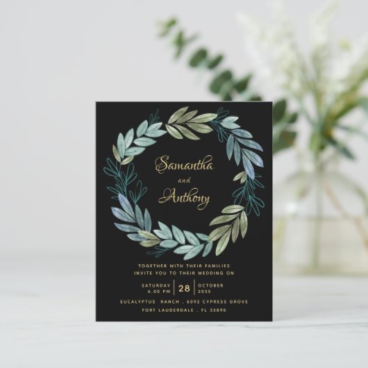 Budget Black Gold Botanical Weduwen Uitnodiging (Staand voorkant)