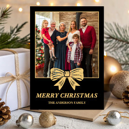 Budget Black & Gold Bow Family Christmas Photo Feestdagenkaart