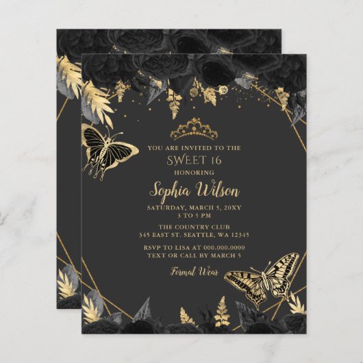Budget Black Gold Butterfly SWEET 16 Uitnodiging (Voorkant / Achterkant)