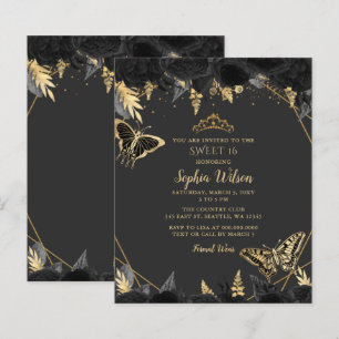 Budget Black Gold Butterfly SWEET 16 Uitnodiging
