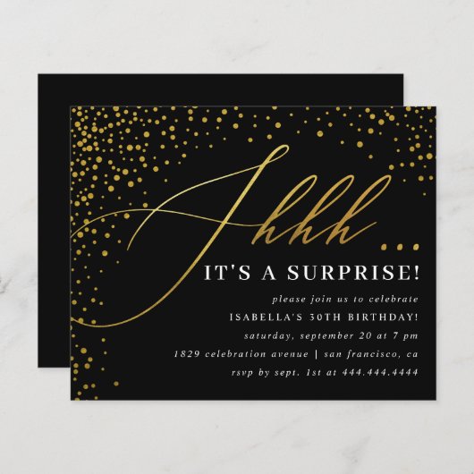 Budget Black & Gold Confetti Script Surprise Party (Voorkant / Achterkant)