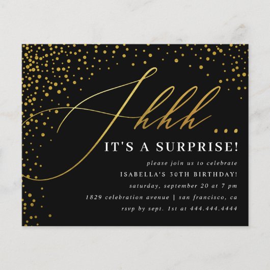 Budget Black & Gold Confetti Script Surprise Party (Voorkant)