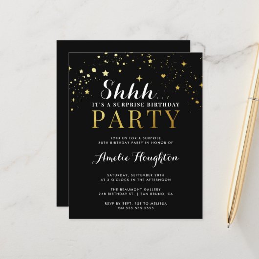 Budget Black & Gold Confetti Shhh Surprise Party (Voorkant / Achterkant in situ)