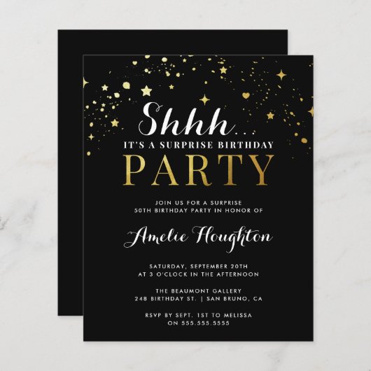 Budget Black & Gold Confetti Shhh Surprise Party (Voorkant / Achterkant)