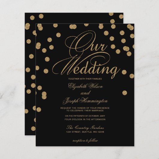 Budget Black Gold Confetti Wedding Invitation (Voorkant / Achterkant)