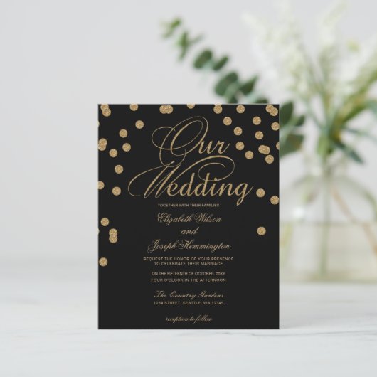 Budget Black Gold Confetti Wedding Invitation (Staand voorkant)