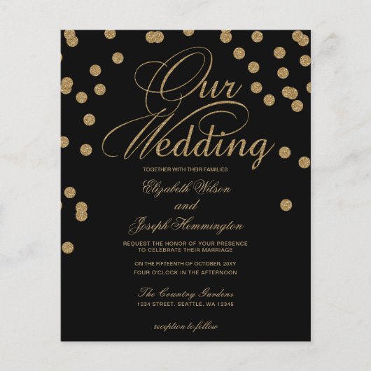 Budget Black Gold Confetti Wedding Invitation (Voorkant)