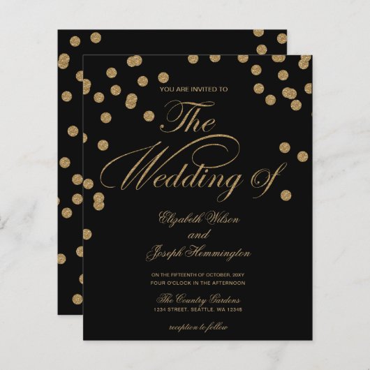 Budget Black Gold Confetti Wedding Invitation (Voorkant / Achterkant)