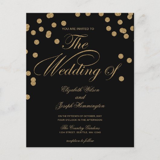 Budget Black Gold Confetti Wedding Invitation (Voorkant)
