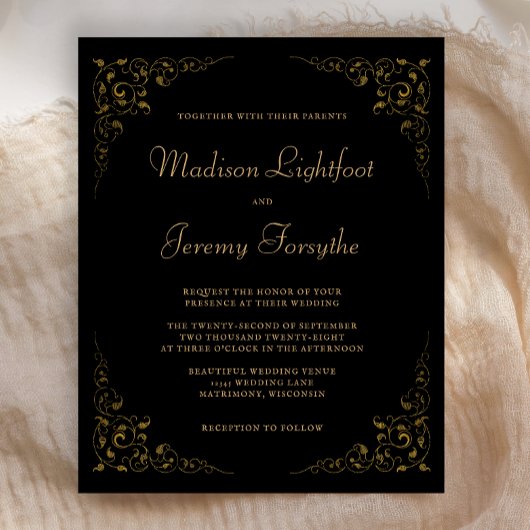 Budget Black Gold  Foliage Wedding Invite