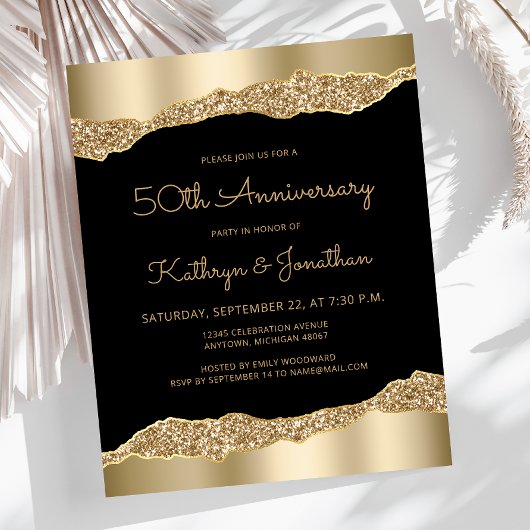 Budget Black Gold Glitter 50th Anniversary Invite