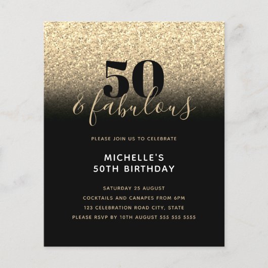 Budget Black Gold Glitter 50th Birthday Invitation (Voorkant)