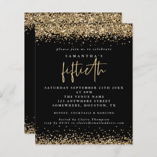 Budget Black Gold Glitter 50th Party Invitation (Voorkant / Achterkant)