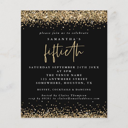 Budget Black Gold Glitter 50th Party Invitation (Voorkant)