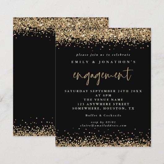 Budget Black Gold Glitter Verloving Invitation (Voorkant / Achterkant)