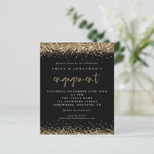Budget Black Gold Glitter Verloving Invitation (Staand voorkant)