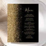 Budget Black Gold Glitter Weddenmenu<br><div class="desc">De linkerrand van dit elegante moderne trouwmenu kenmerkt een gouden faux glitter grens. De aanpasbare tekst combineert goudkleurige whimsical-handschrift script en copperplate-lettertypen op een zwarte achtergrond. De achterzijde is voorzien van een bijpassend zwart en goudglitter ontwerp.</div>