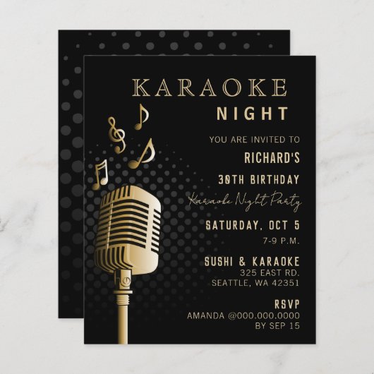 Budget Black Gold Karaoke Night Party nodiging uit (Voorkant / Achterkant)