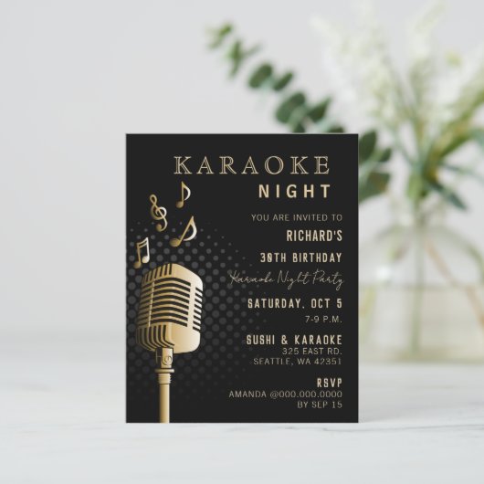Budget Black Gold Karaoke Night Party nodiging uit (Staand voorkant)