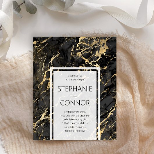 Budget Black Gold Marble Wedding Uitnodiging